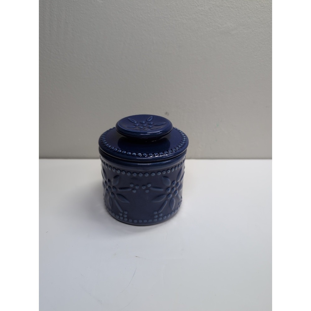 Temptations Old World Embossed Blue Butter Bell Crock with Lid
